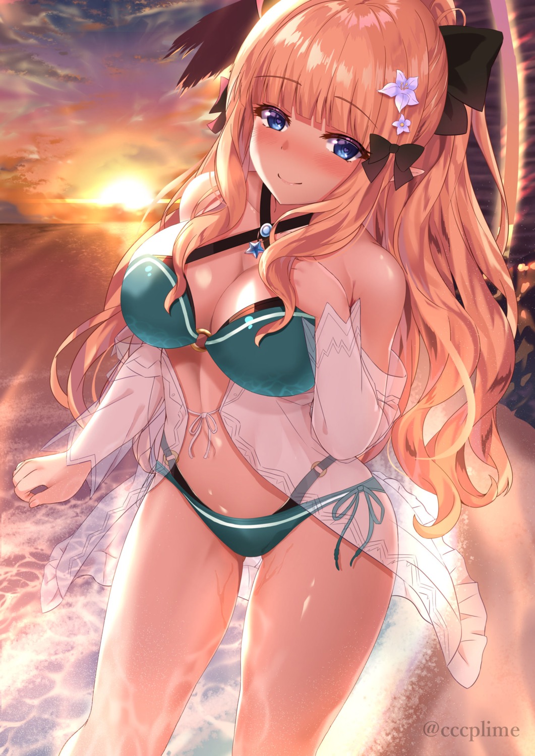 bikini breast_hold cleavage open_shirt pointy_ears princess_connect princess_connect!_re:dive sasaki_saren see_through swimsuits yagiryu