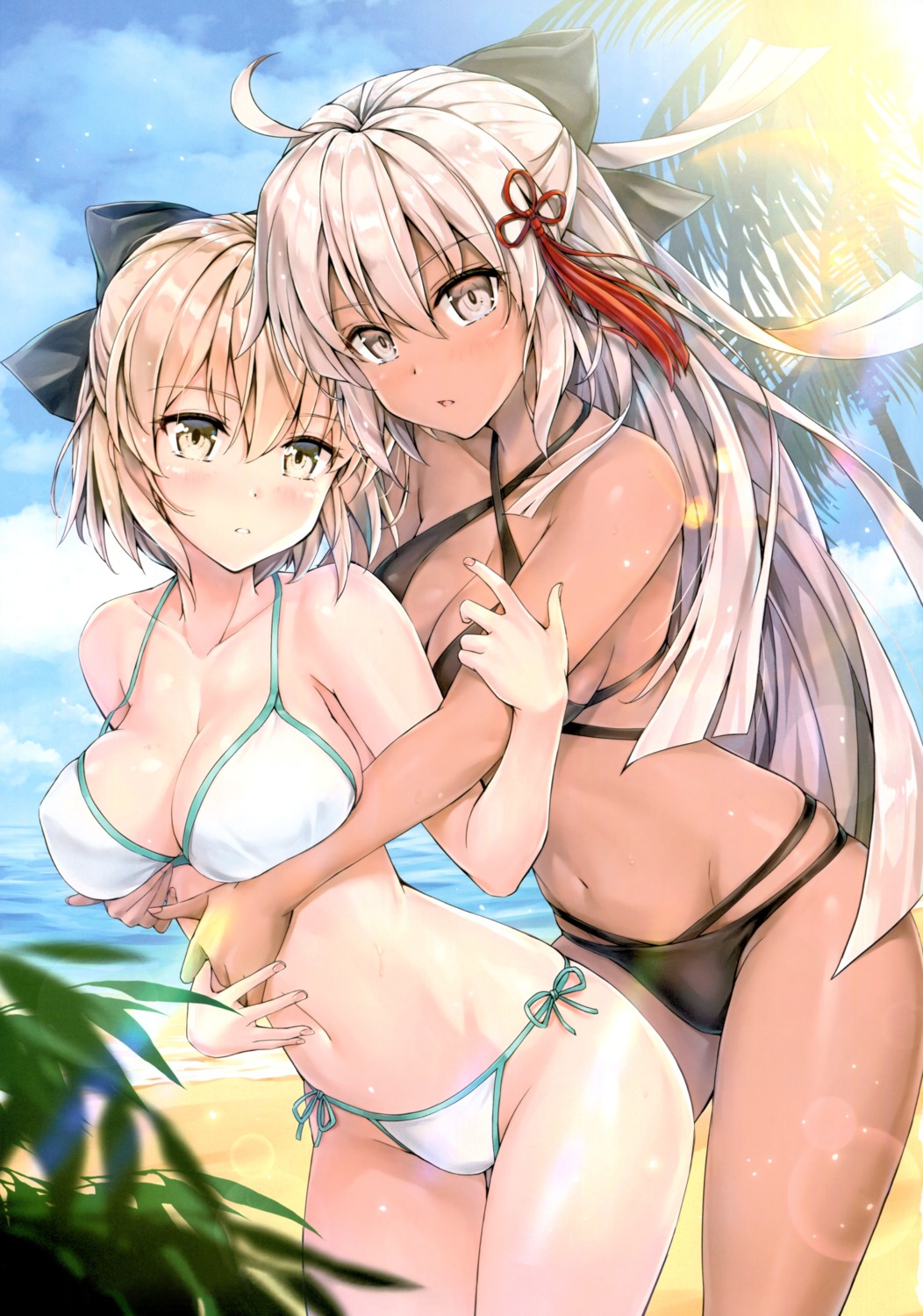 bikini breast_hold cleavage erect_nipples fate/grand_order kotatsu_(kotatsu358) okita_souji_(alter)_(fate) okita_souji_(fate) swimsuits yuri