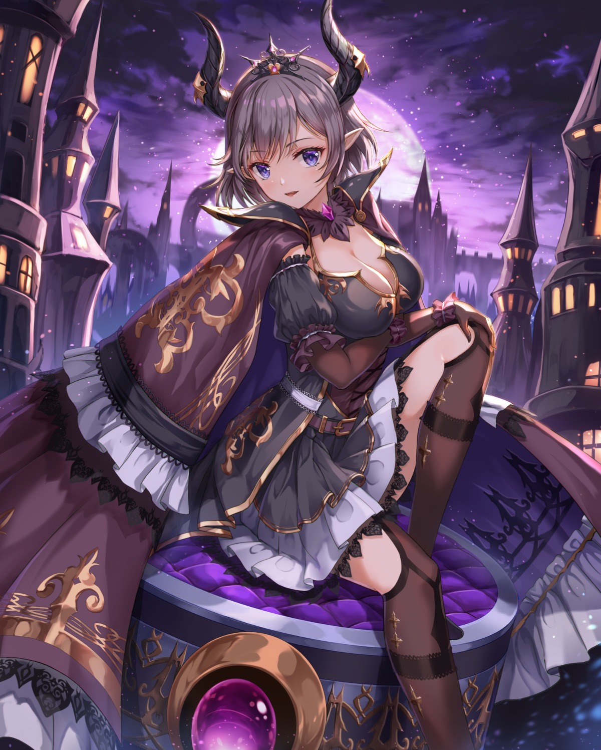 breast_hold cleavage horns lunacle pointy_ears stockings thighhighs