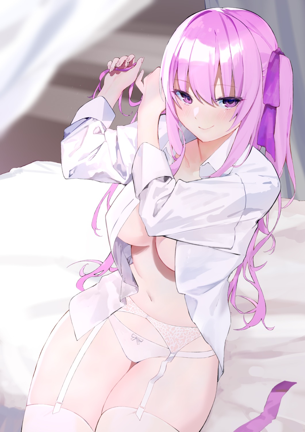 dress_shirt garter_belt no_bra open_shirt pantsu shiromonefu stockings thighhighs