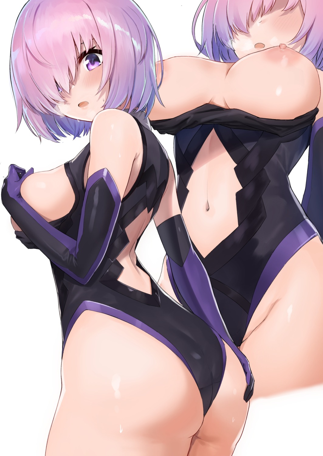 ass ass_grab ayul_(ayulneri_92) breast_hold breasts fate/grand_order leotard mash_kyrielight nipples no_bra