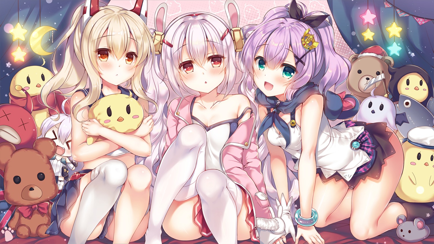 animal_ears ayanami_(azur_lane) azur_lane bunny_ears chibi cleavage javelin_(azur_lane) laffey_(azur_lane) manjuu_(azur_lane) seifuku suzunone_rena thighhighs