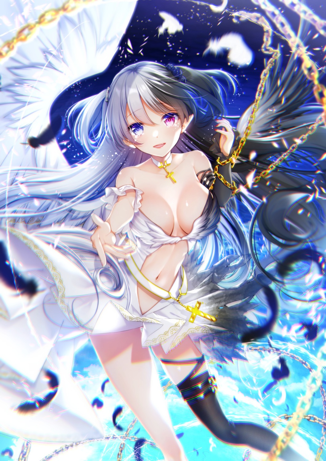 garter heterochromia no_bra pointy_ears skirt_lift thighhighs tsurugi_hikaru wings