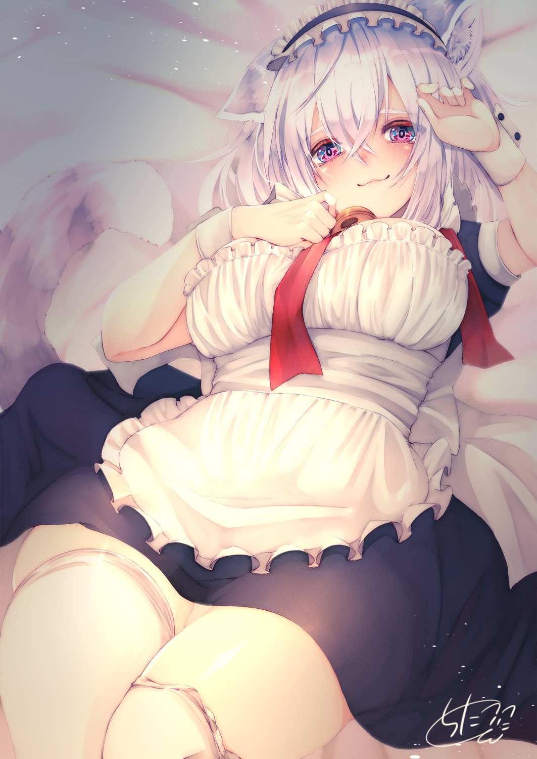 animal_ears breast_hold chita_(ketchup) maid tail thighhighs