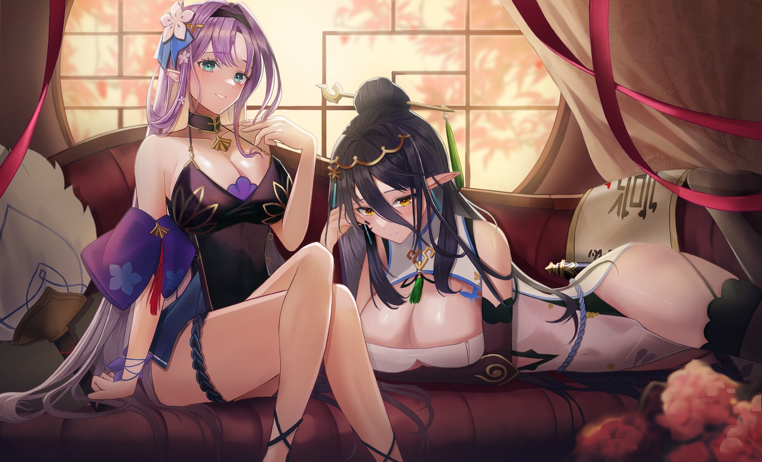 amid_(epic7) aria_(epic7) chinadress epic7 garter no_bra pointy_ears stockings themaree thighhighs
