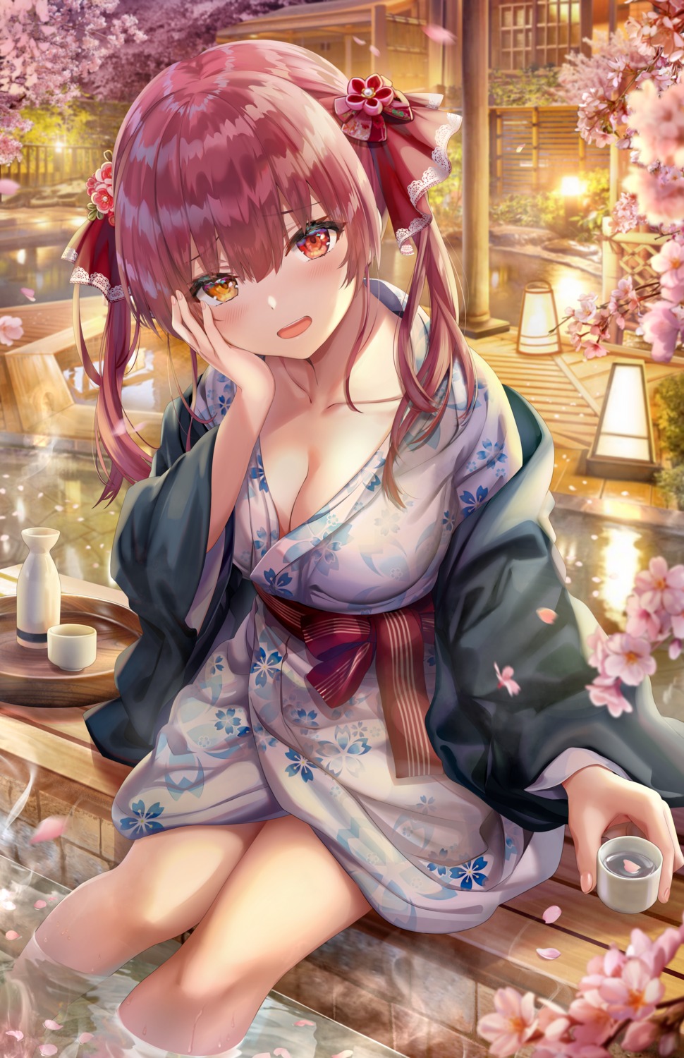 cleavage heterochromia hololive houshou_marine onsen open_shirt sake skirt_lift torino_akua wet yukata