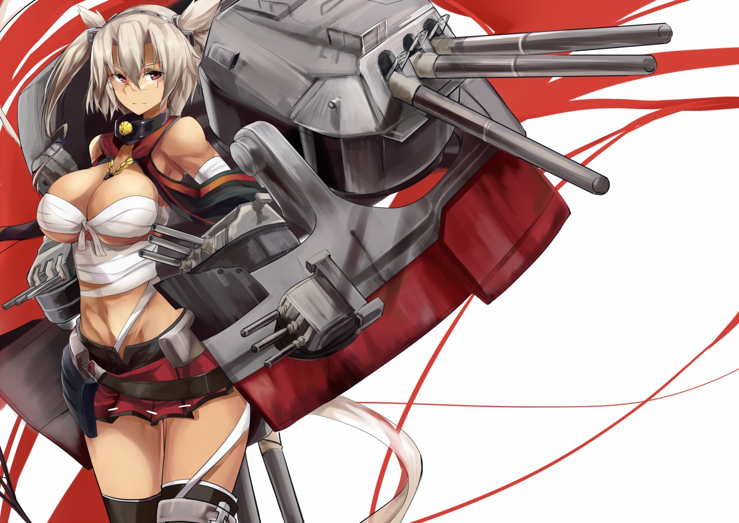 cleavage garter haik kantai_collection megane musashi_(kancolle) open_shirt sarashi thighhighs underboob weapon