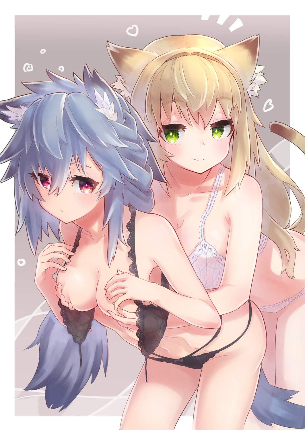 animal_ears bra breast_grab breasts hatsuga_(dmaigmai) nekomimi pantsu tail yuri