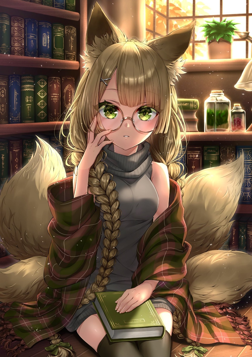 animal_ears dress kitsune megane routo_(rot_0) sweater tail thighhighs