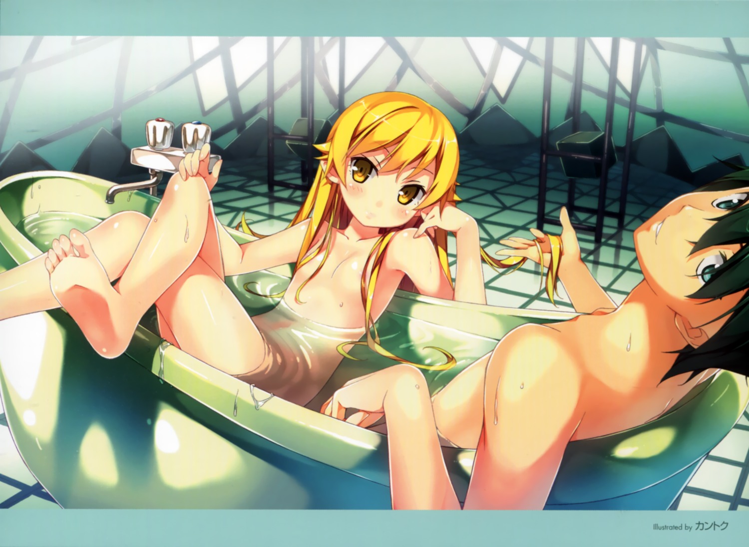 araragi_koyomi areola bakemonogatari bathing kantoku loli monogatari_(series) naked nisemonogatari oshino_shinobu overfiltered wet