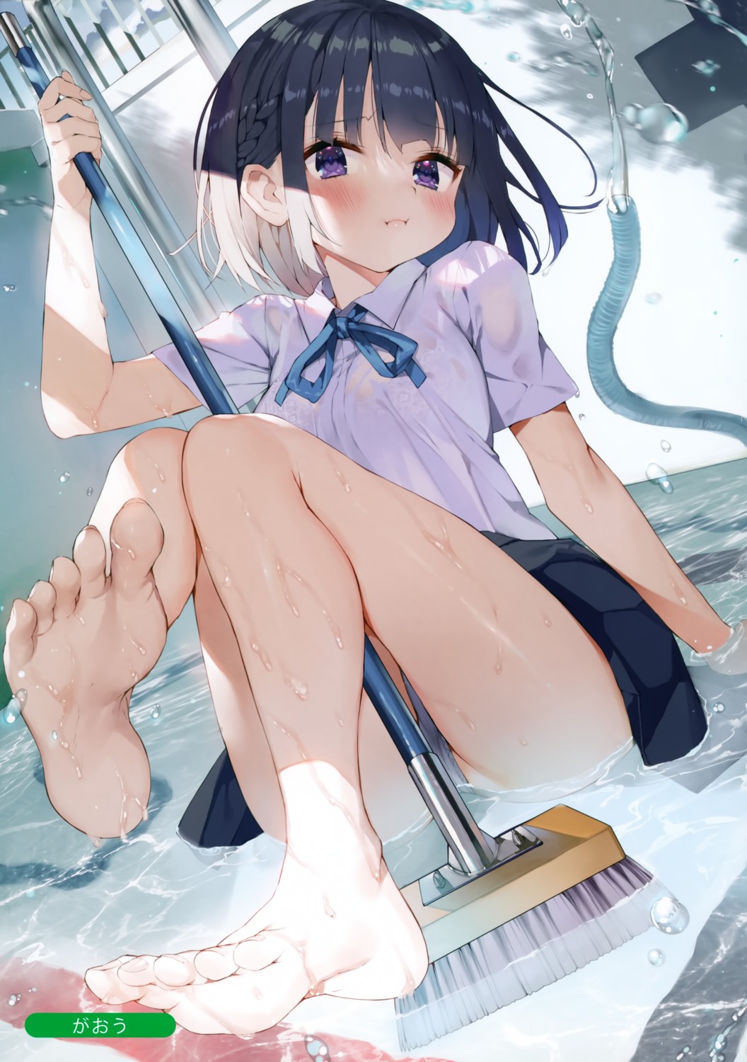 bra cameltoe feet gaou_(matsulatte) melonbooks okada_ayaka pantsu see_through seifuku skirt_lift wet wet_clothes