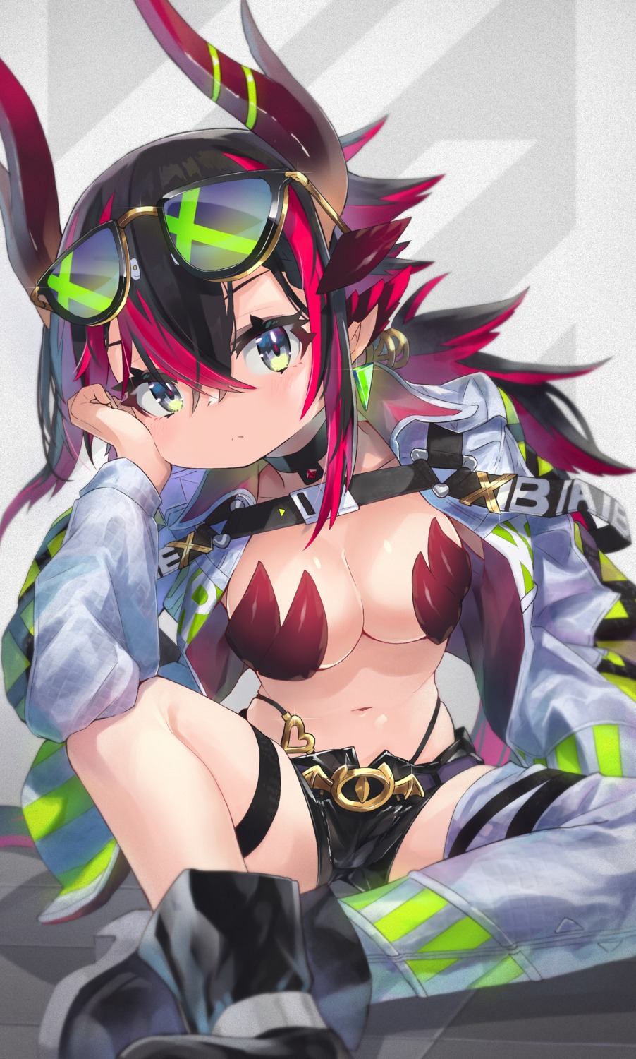 bikini_armor cleavage garter hatsuga_(dmaigmai) horns megane open_shirt pointy_ears