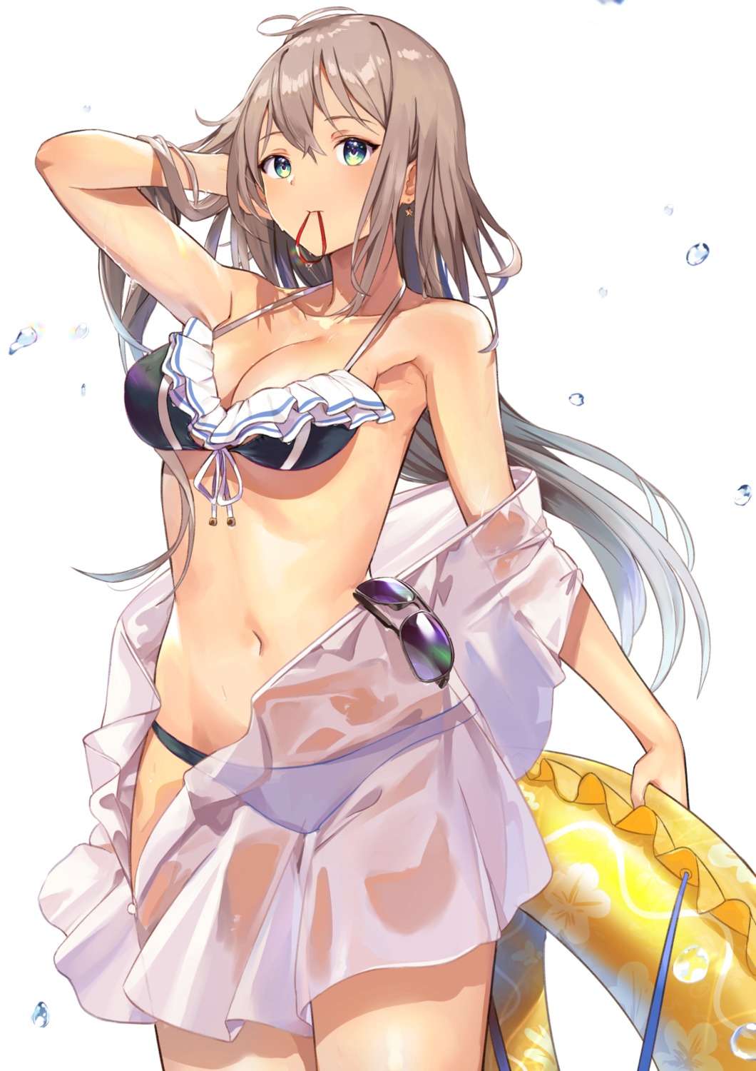 bikini cleavage megane mosta_(lo1777789) open_shirt see_through swimsuits wet_clothes