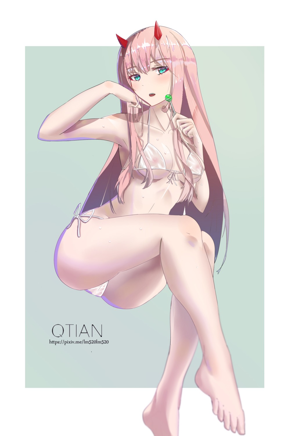 bikini darling_in_the_franxx horns nipples pussy qtian see_through swimsuits zero_two_(darling_in_the_franxx)
