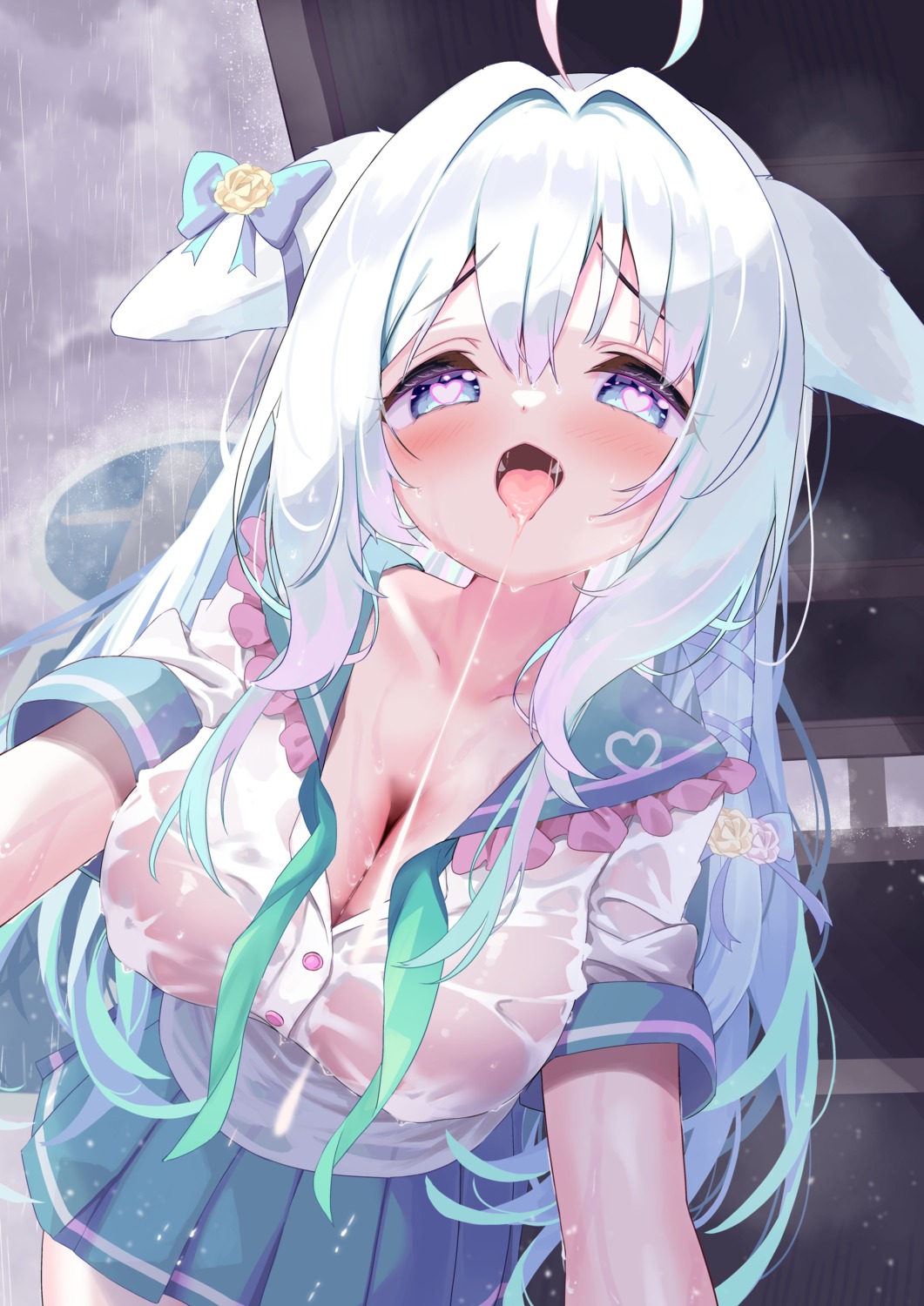 animal_ears futaba_sharo marble_creators no_bra nyahu_(nyahu_77) open_shirt see_through seifuku wet wet_clothes