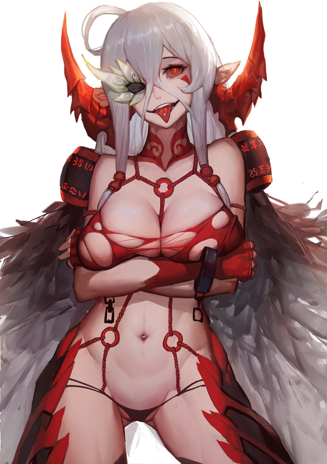 breast_hold cleavage gods horns pantsu pointy_ears torn_clothes wings
