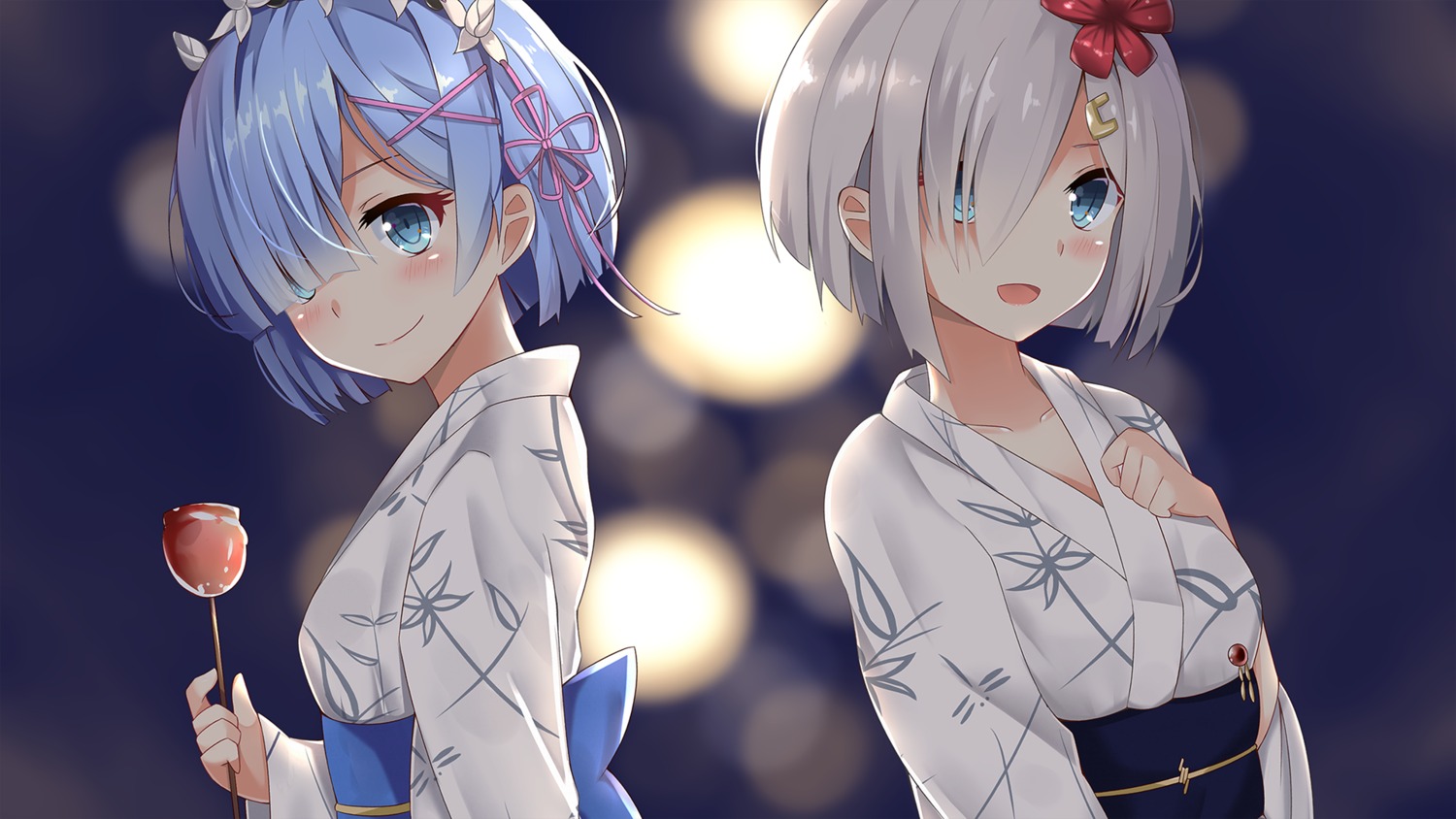 crossover hamakaze_(kancolle) kantai_collection nahaki re_zero_kara_hajimeru_isekai_seikatsu rem_(re_zero) wallpaper yukata