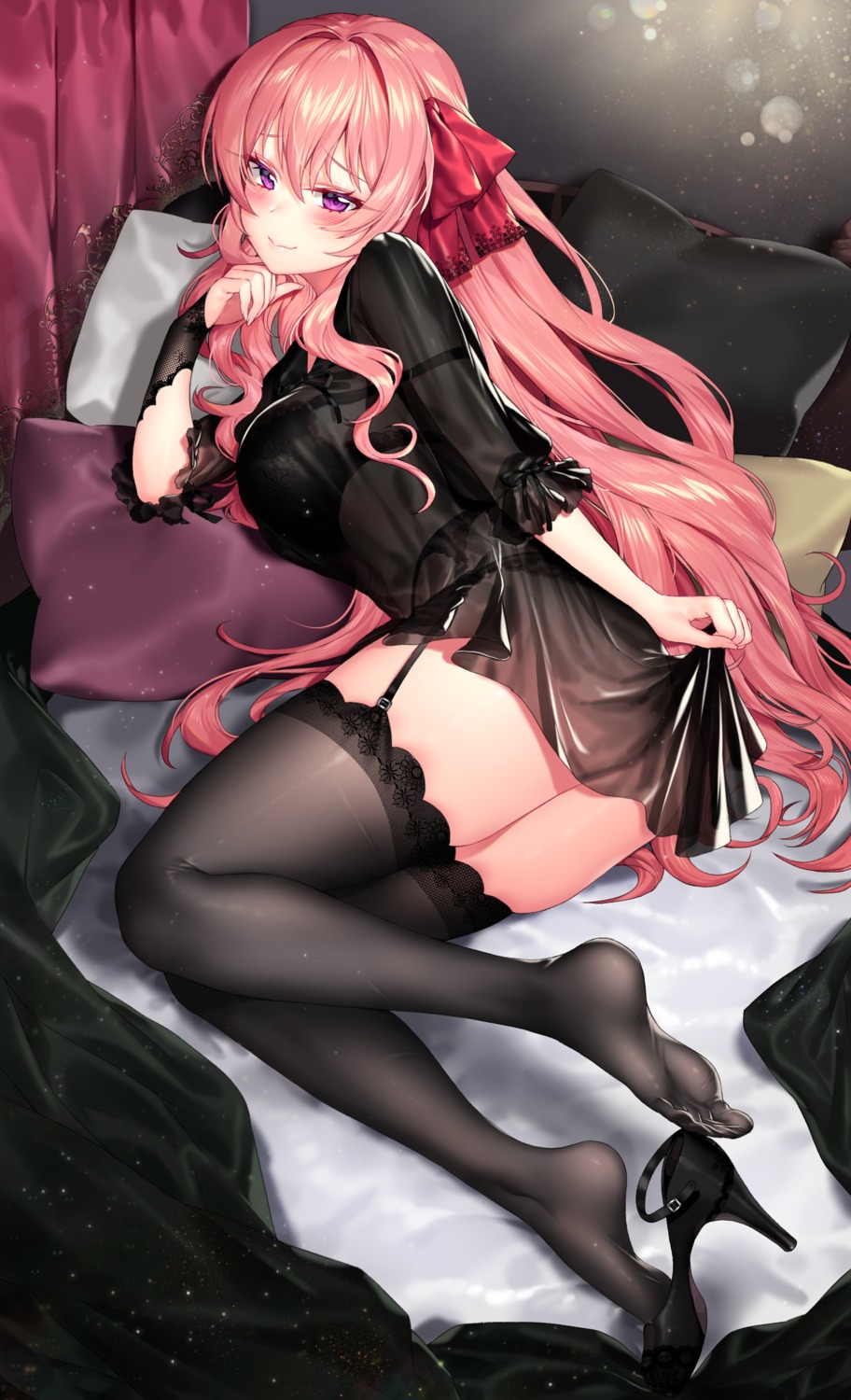 bra dress garter_belt heels ia_(ias1010) lingerie pantsu see_through skirt_lift stockings thighhighs