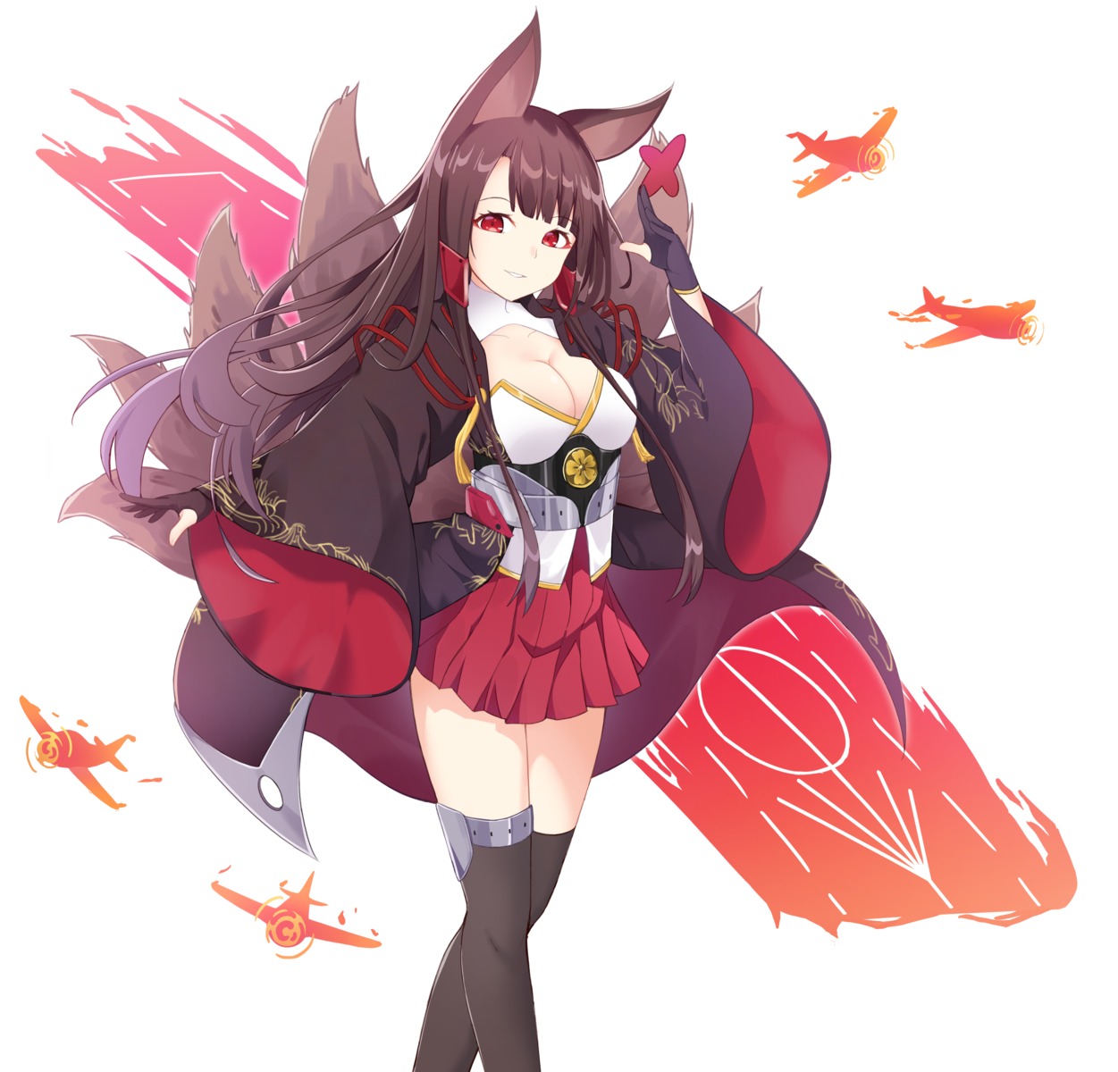 akagi_(azur_lane) animal_ears azur_lane cleavage noven tail thighhighs