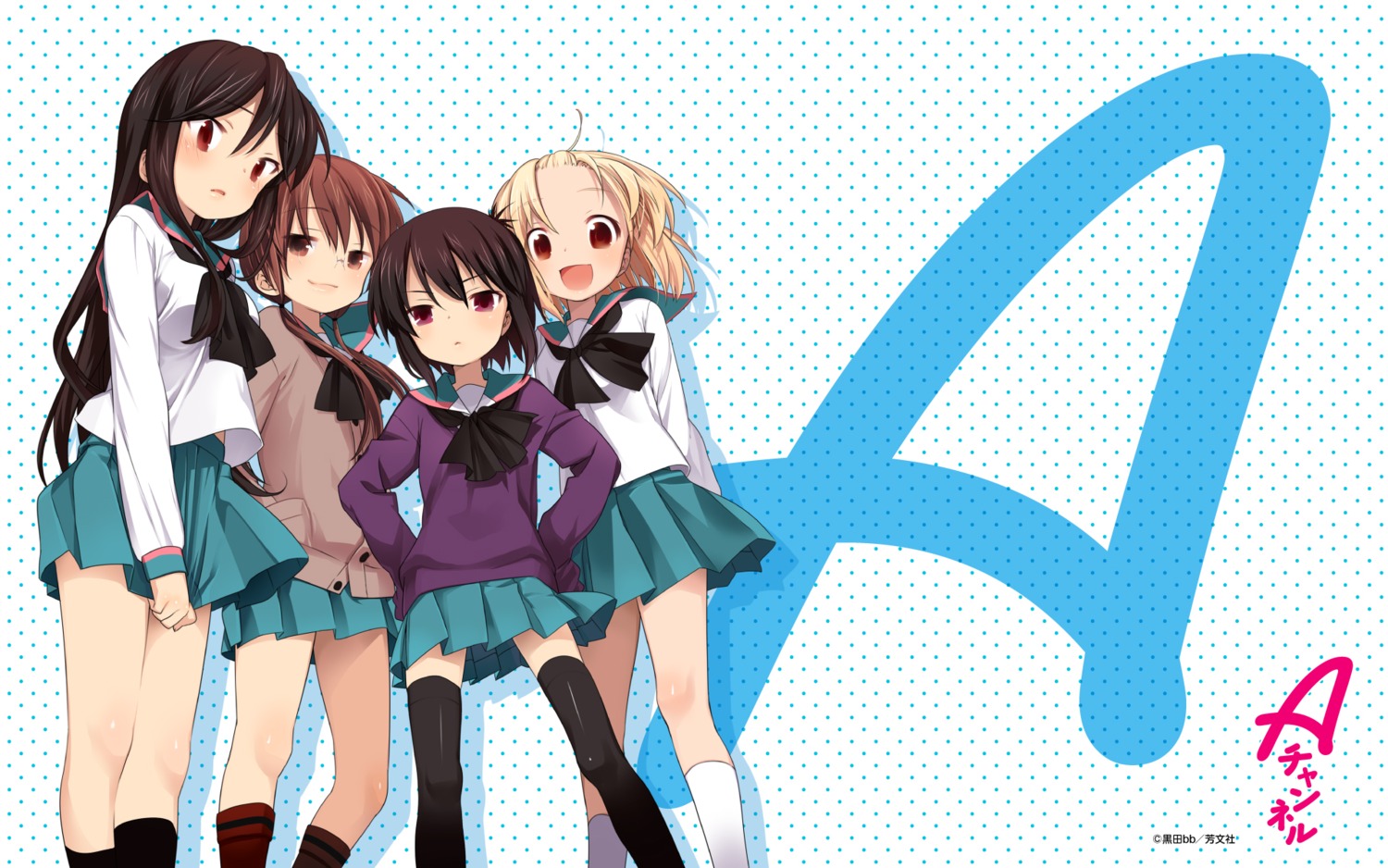 a_channel ichii_tooru kuroda_bb momoki_run nishi_yuuko seifuku tennouji_nagisa thighhighs wallpaper