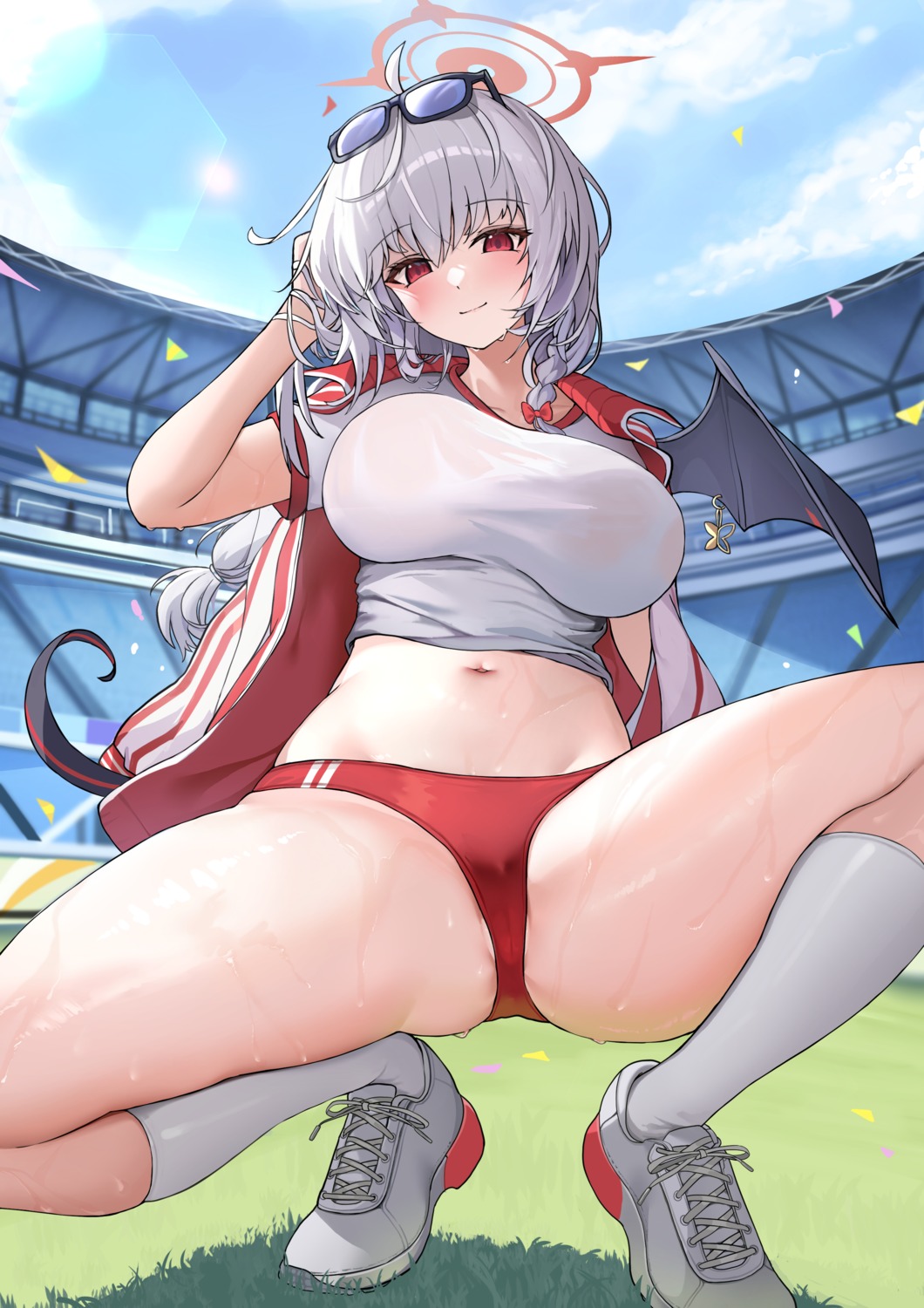 blue_archive buruma cameltoe devil gym_uniform halo kurodate_haruna lemontea_(ekvr5838) megane tail wings