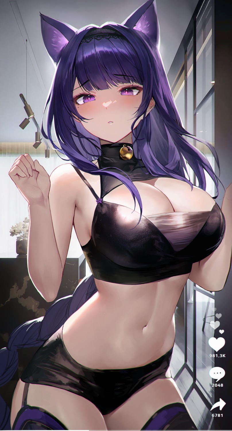 animal_ears genshin_impact no_bra osuti raiden_shogun stockings thighhighs