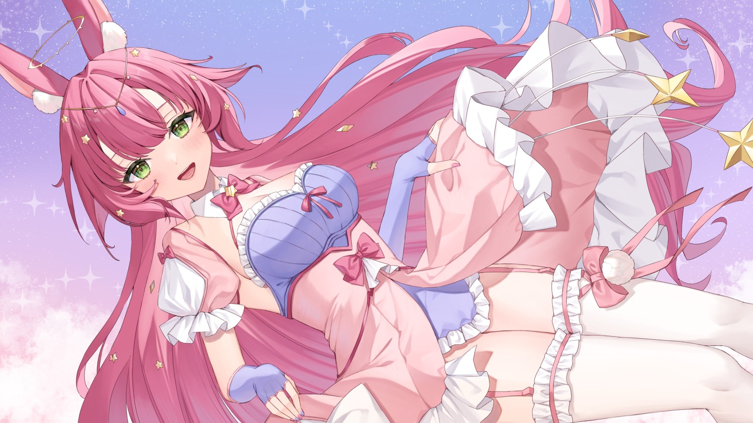 animal_ears bunny_ears halo no_bra runlan_0329 skirt_lift stockings thighhighs