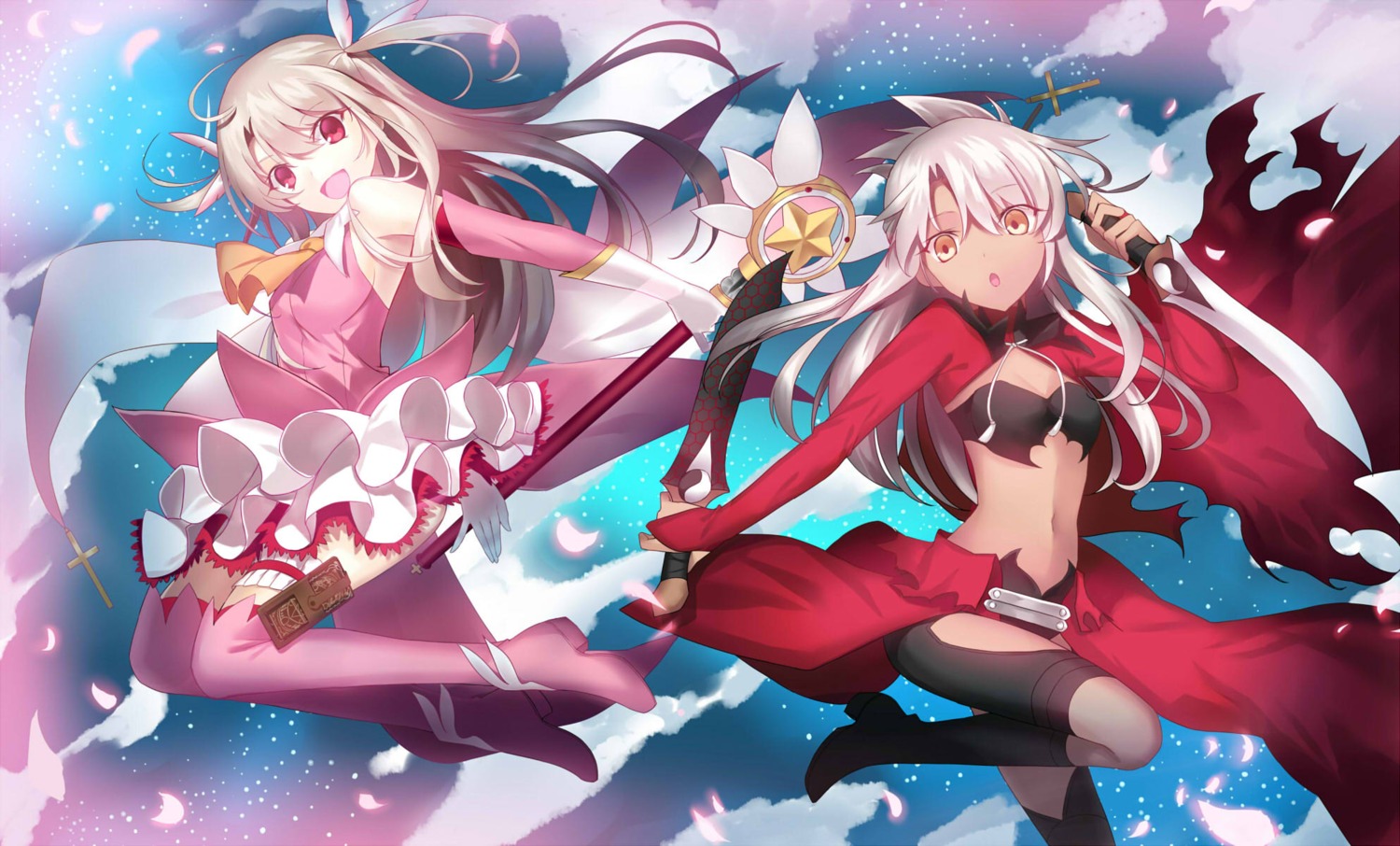 bikini_top chloe_von_einzbern cleavage fate/kaleid_liner_prisma_illya fate/stay_night garter heels illyasviel_von_einzbern kauto loli swimsuits thighhighs weapon