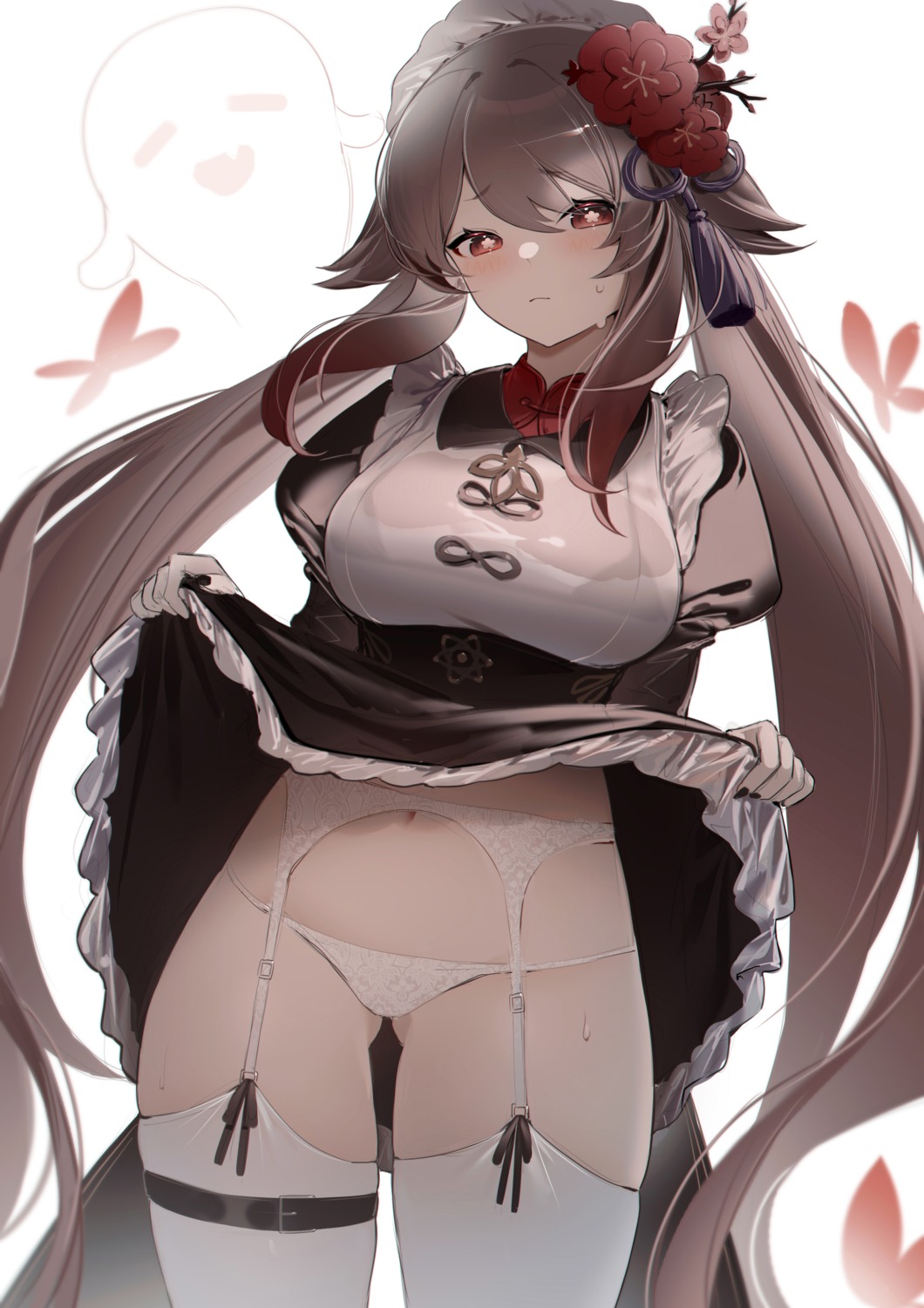 garter garter_belt genshin_impact hu_tao maid pantsu see_through shibuya_(kurokamishain) skirt_lift stockings thighhighs