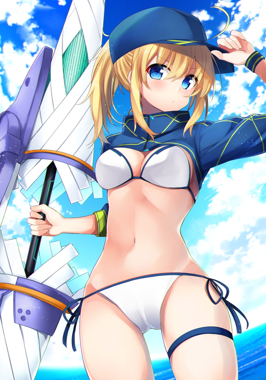 bikini cleavage fate/grand_order garter heroine_xx sasahara_wakaba shirt_lift swimsuits weapon