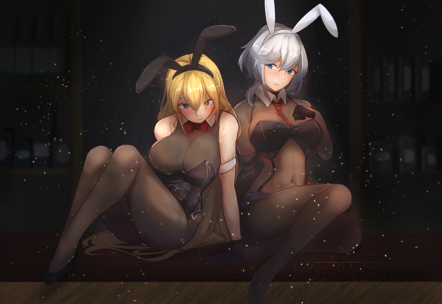 animal_ears azur_lane breast_hold bunny_ears bunny_girl cleavage no_bra north_carolina_(azur_lane) pantyhose see_through washington_(azur_lane) yusha_(m-gata)