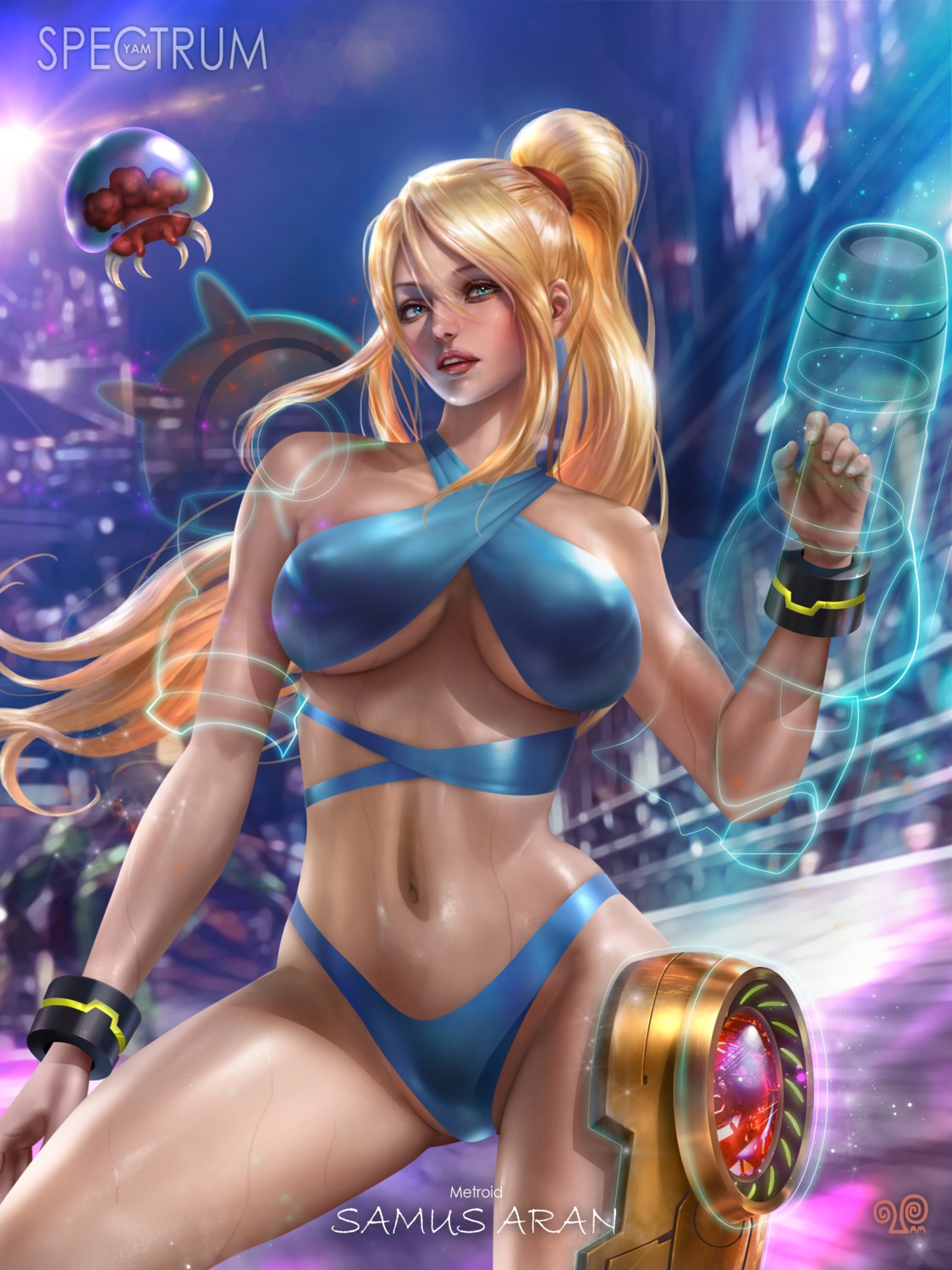 bikini erect_nipples mecha_musume metroid samus_aran swimsuits weapon wet yam_spectrum