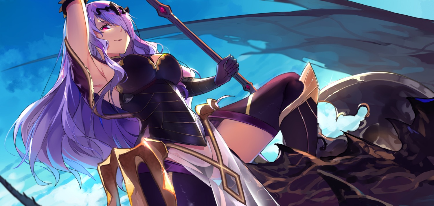 armor baisi_shaonian camilla fire_emblem fire_emblem_if pantsu see_through thighhighs weapon