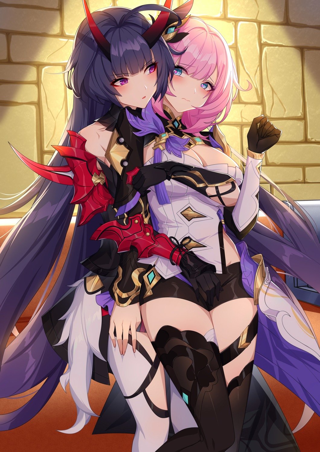 benghuai_xueyuan cleavage elysia_(honkai_impact) garter honkai_impact horns raiden_mei thighhighs wu_ganlan_cai yuri