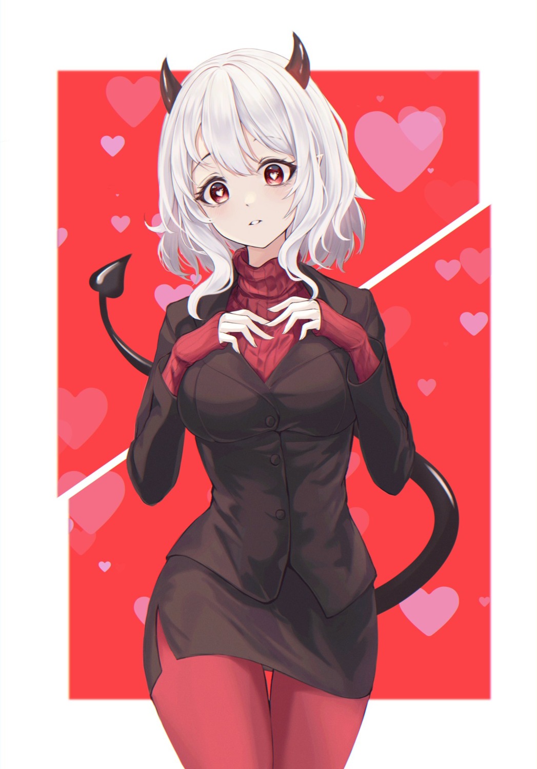 breast_hold business_suit g_home helltaker horns modeus_(helltaker) pantyhose sweater tail