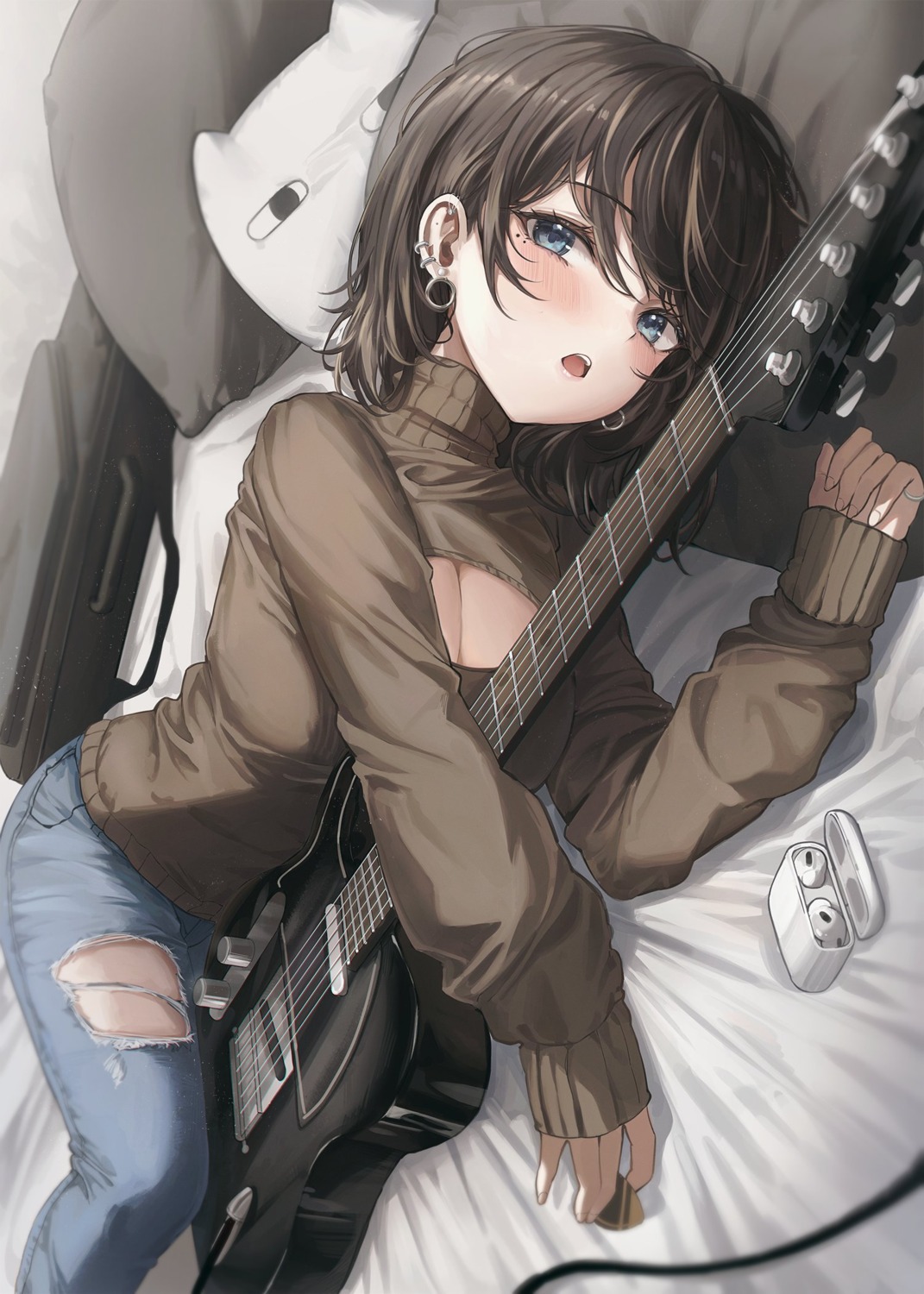 2gong_(9ujin_) cleavage guitar sweater torn_clothes