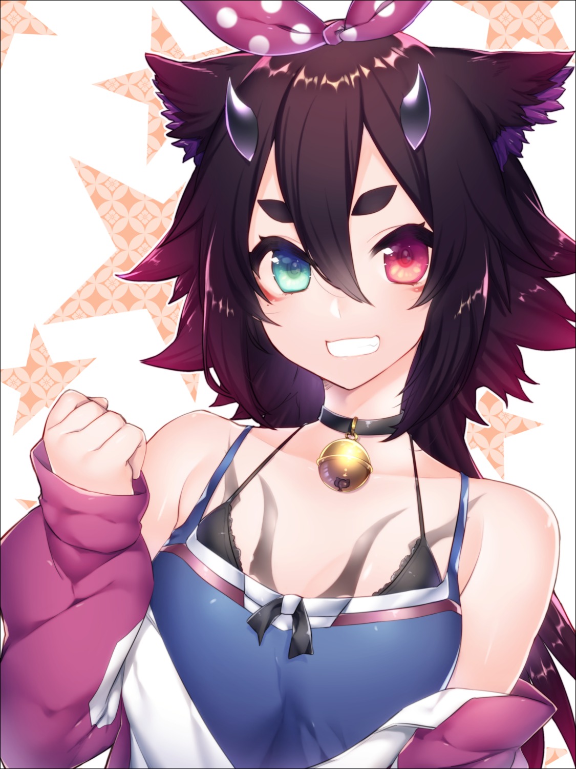 animal_ears bra cleavage heterochromia horns tattoo yutazou