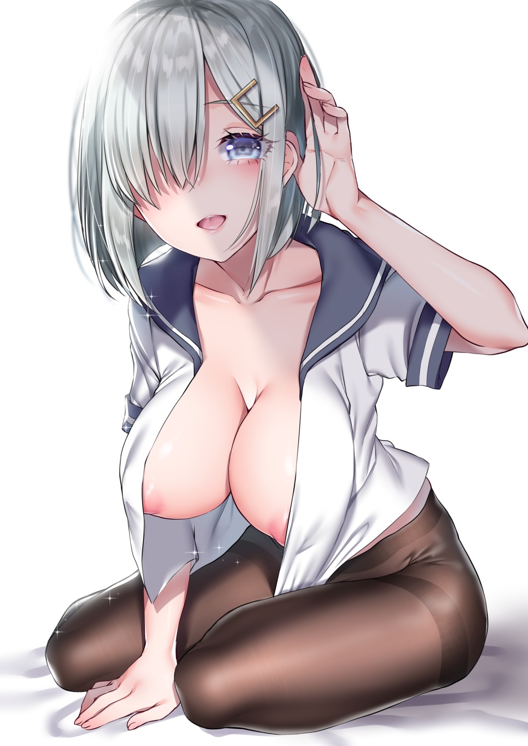 areola buta_tamako hamakaze_(kancolle) kantai_collection no_bra open_shirt pantyhose seifuku