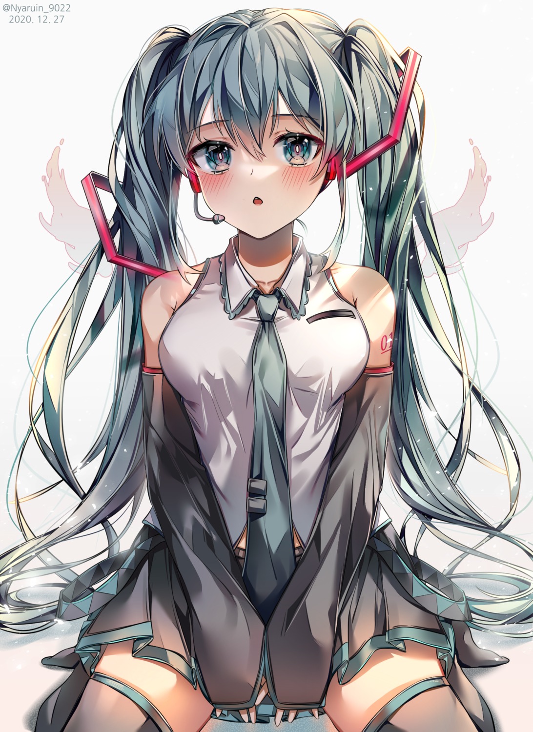 hatsune_miku headphones nyaruin tattoo thighhighs vocaloid