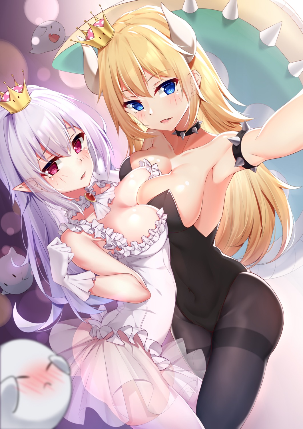 ass bowsette dress horns leotard new_super_mario_bros._u_deluxe nopan pantyhose pointy_ears princess_king_boo see_through symmetrical_docking thighhighs yuxian_youka