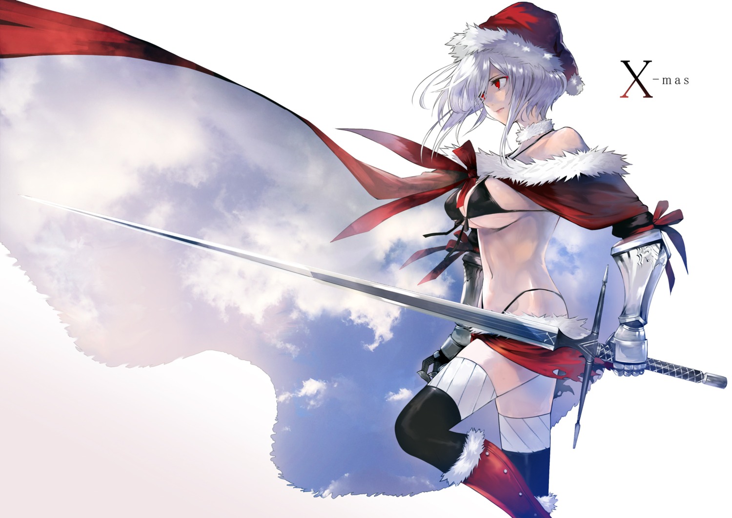 bikini christmas cleavage swimsuits sword thighhighs tokichi underboob