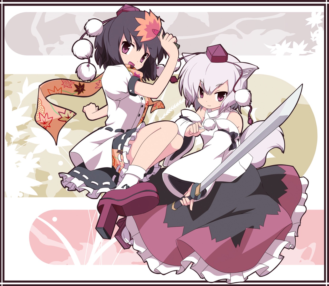 animal_ears dress inubashiri_momiji machily shameimaru_aya sword tail touhou