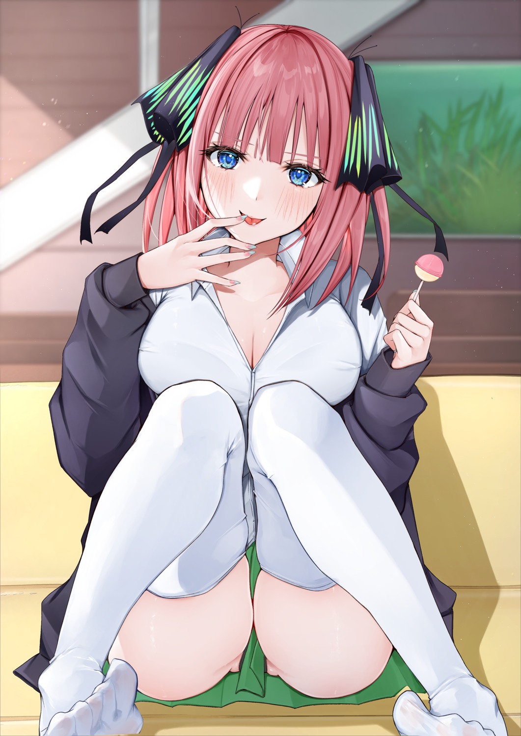 5-toubun_no_hanayome bra cleavage nakano_nino open_shirt pantsu see_through seifuku skirt_lift sweater thighhighs uiri-na