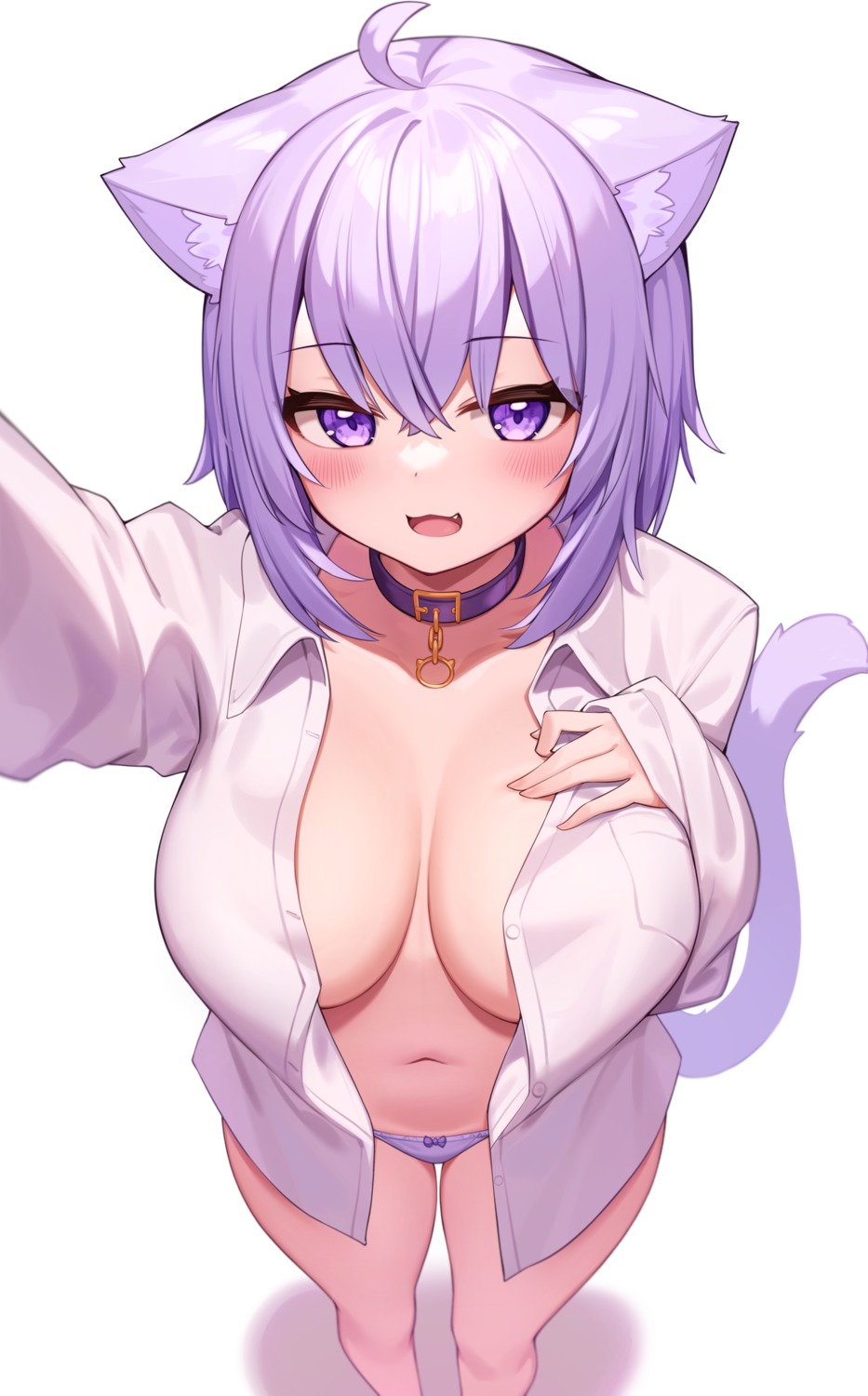 animal_ears deaver dress_shirt hololive hololive_gamers nekomata_okayu nekomimi no_bra open_shirt pantsu selfie tail