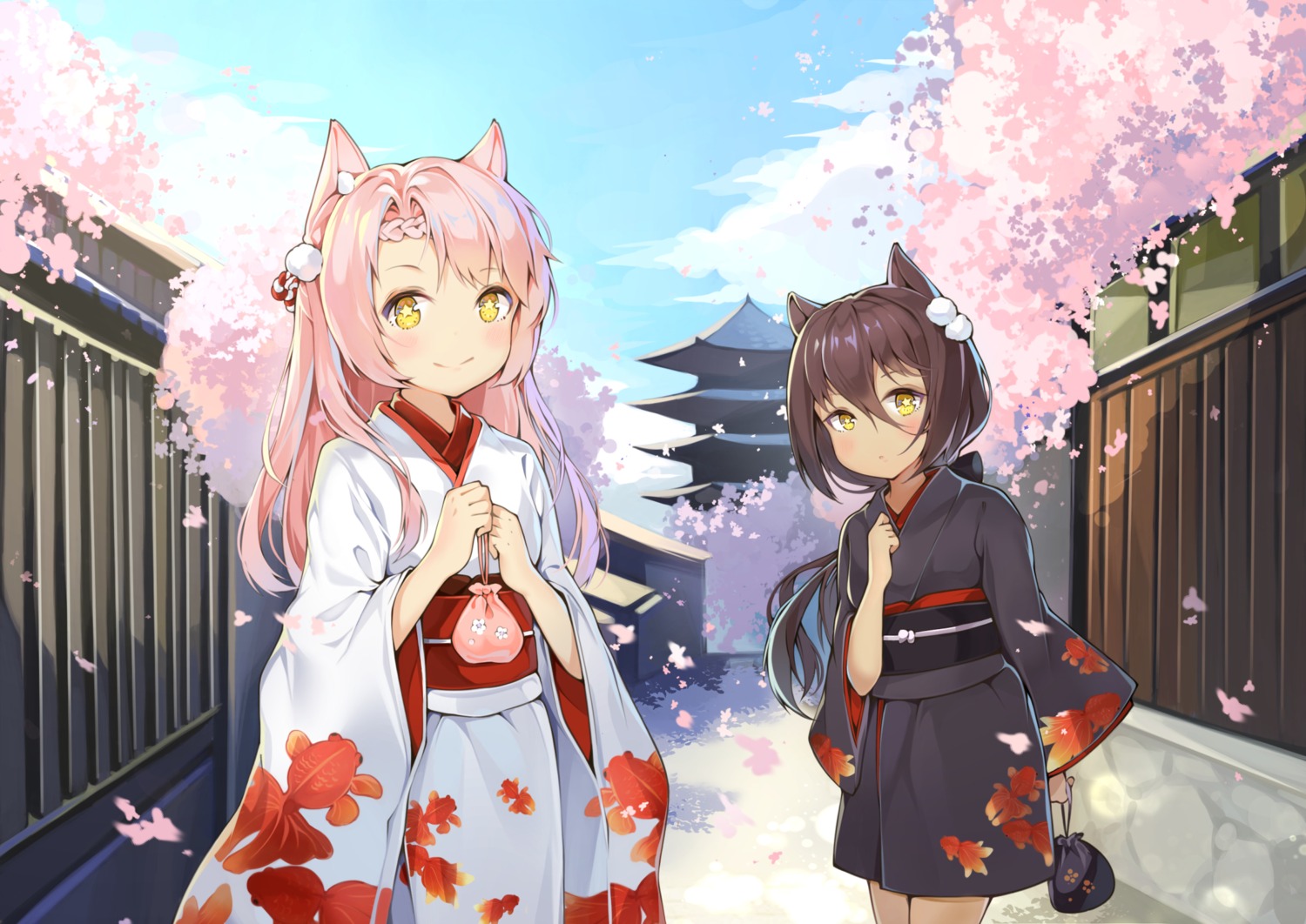 amatsukaze_(zhanjianshaonv) animal_ears breast_hold japanese_clothes kimono shimakaze_(zhanjianshaonv) situmey zhanjianshaonv