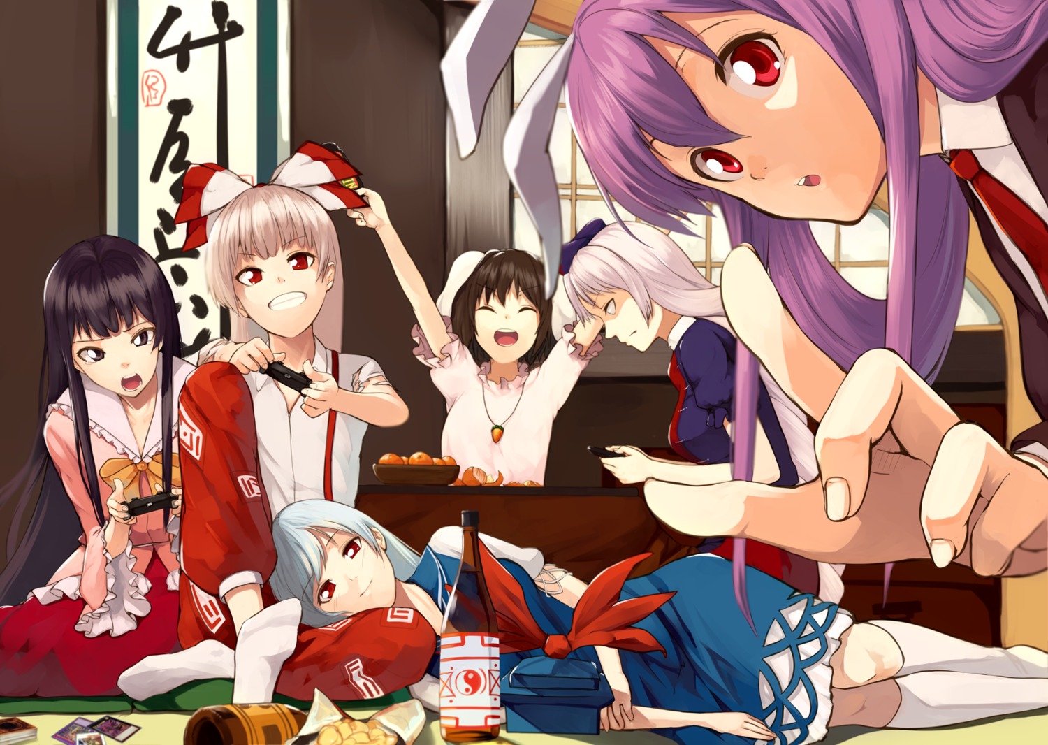 animal_ears bunny_ears dress fujiwara_no_mokou houmatu_awa houraisan_kaguya inaba_tewi kamishirasawa_keine reisen_udongein_inaba touhou yagokoro_eirin