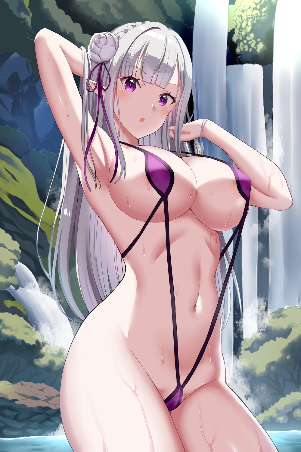 cameltoe elf emilia_(re_zero) gibuchoko pointy_ears re_zero_kara_hajimeru_isekai_seikatsu sling_bikini swimsuits