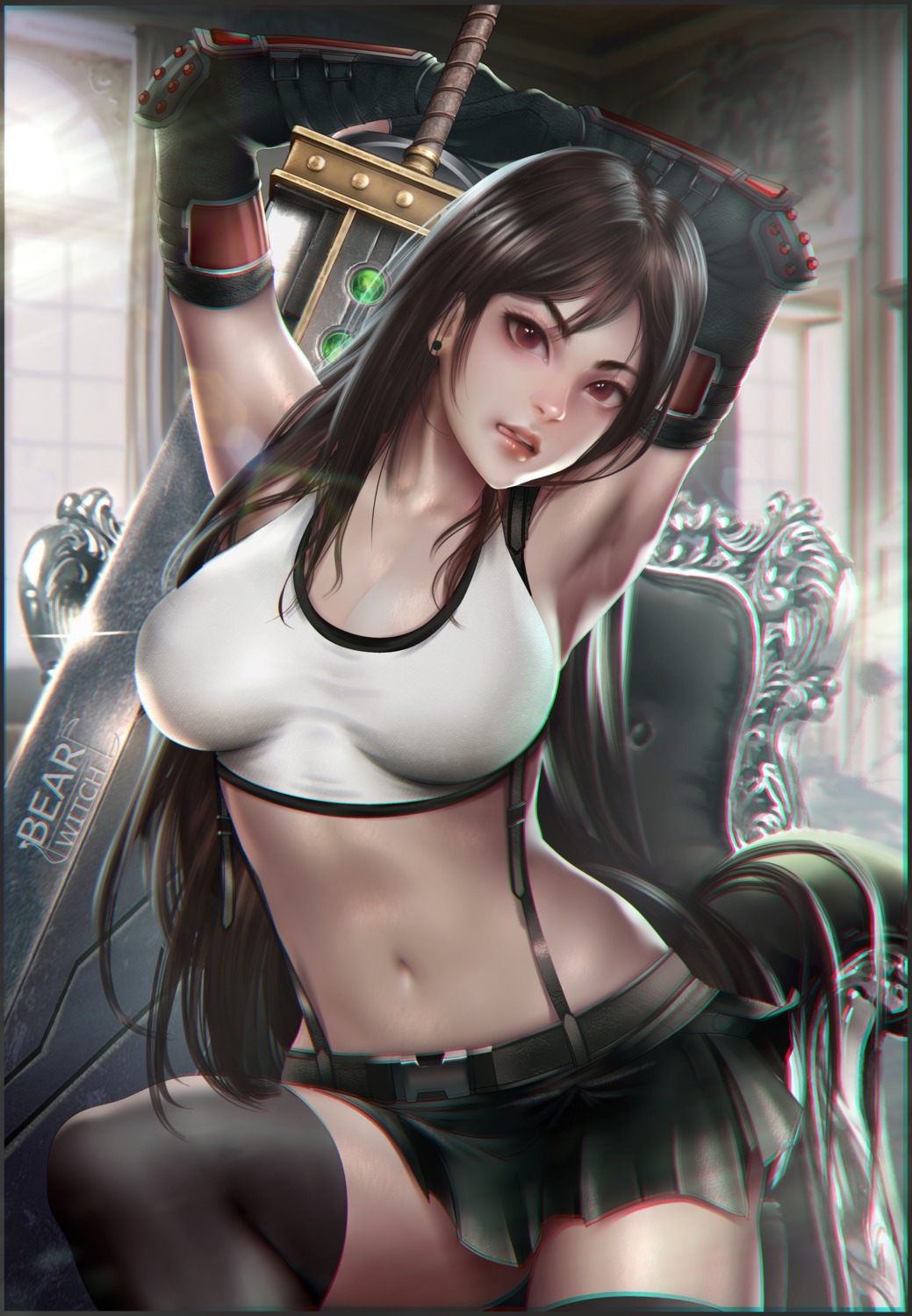 bearwitch cleavage final_fantasy final_fantasy_vii no_bra skirt_lift sword thighhighs tifa_lockhart