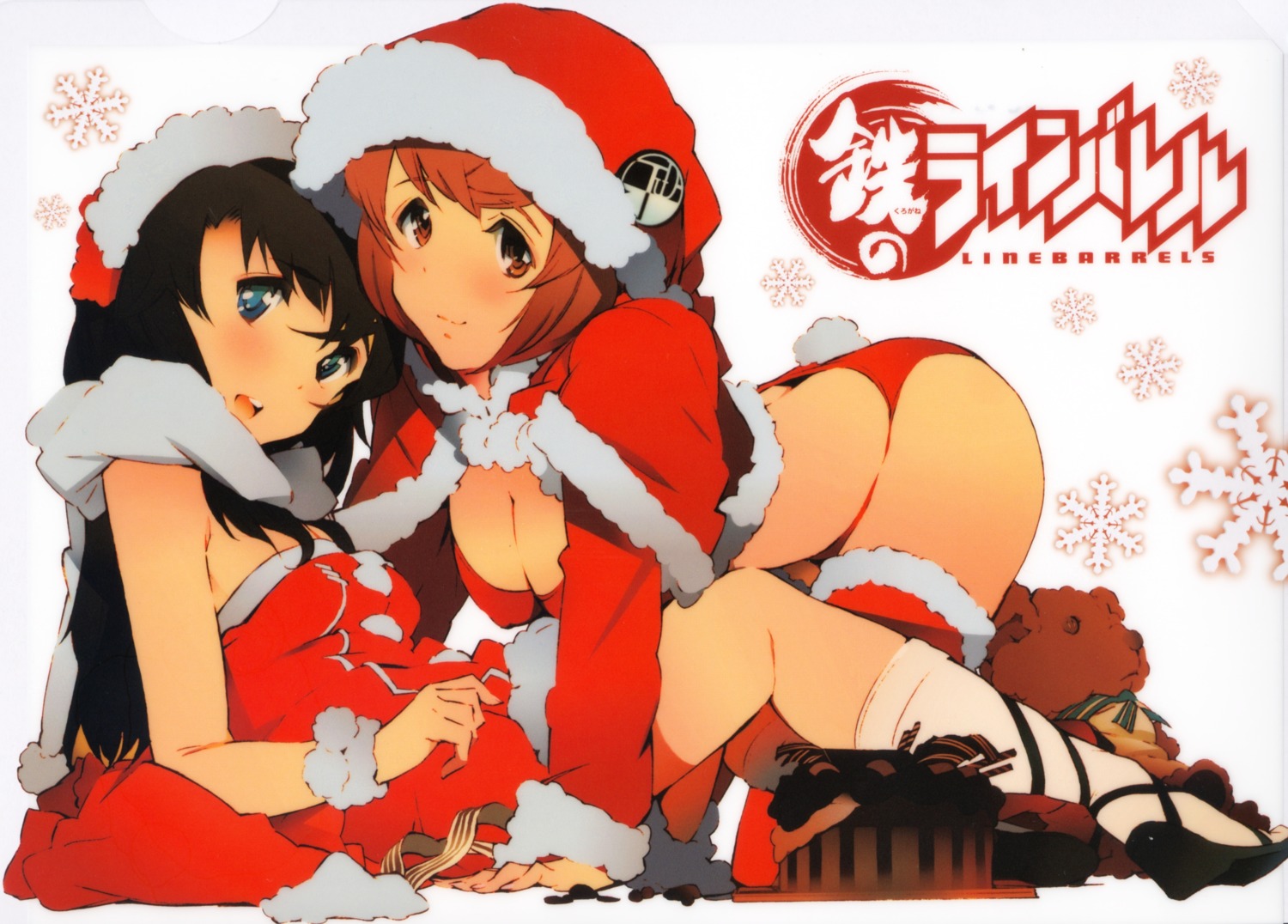 christmas cleavage dress erect_nipples kizaki_emi kujou_miu kurogane_no_linebarrels pantsu shimoguchi_tomohiro thighhighs yuri