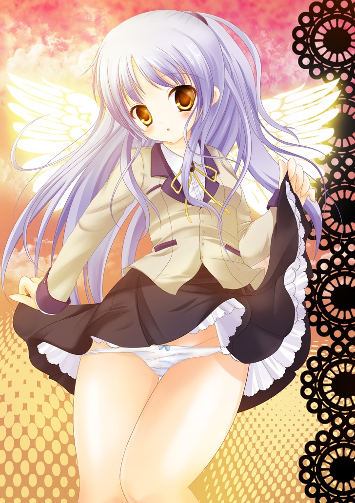 angel_beats! pantsu panty_pull seifuku skirt_lift tachibana_kanade wings yuziki_hina